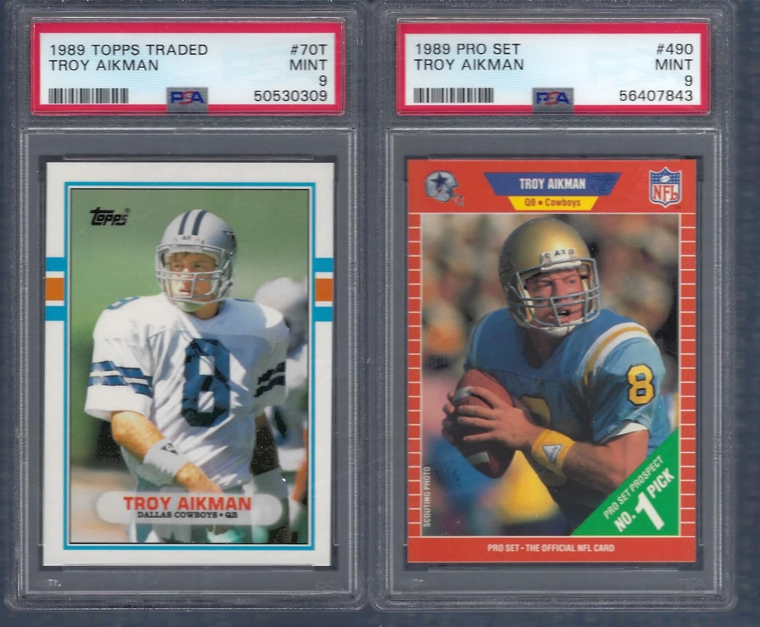 TROY AIKMAN 2 CARD ROOKIE LOT TOPPS TRADED & PRO SET GRADED PSA MINT 9 COWBOYS SB.CHAMP HOF