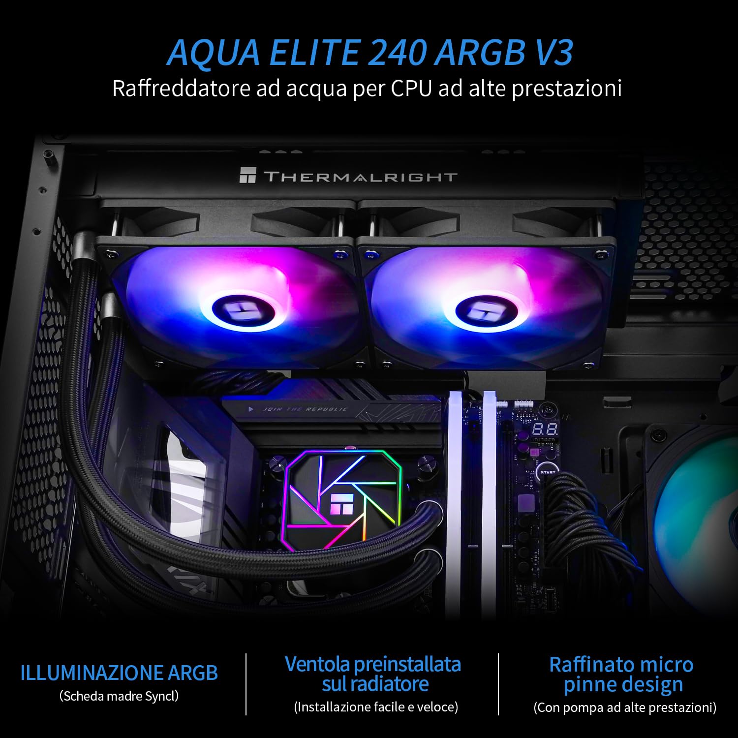 TR AQUA ELITE 240 V3, velocità della testa della pompa AIO fino a 3300 giri/min, ventole TL-C12B-S V2×2 PWM, per AMD / AM4/AM5, Intel LGA1150/1151/1200/2011/1700, raffreddamento del processore