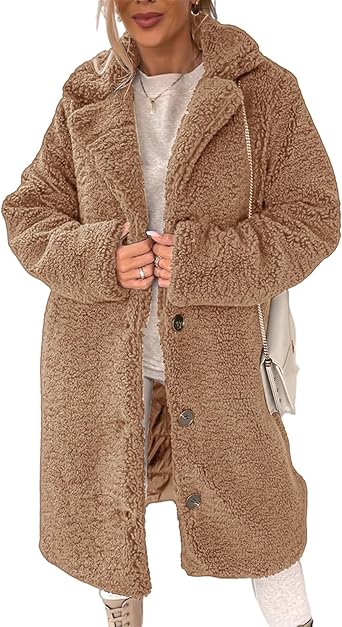 Womens Fleece Jackets Lapel Open Front Long Cardigan Coat Fuzzy Faux Fur Warm Winter Outwear Teddy Bear Coats