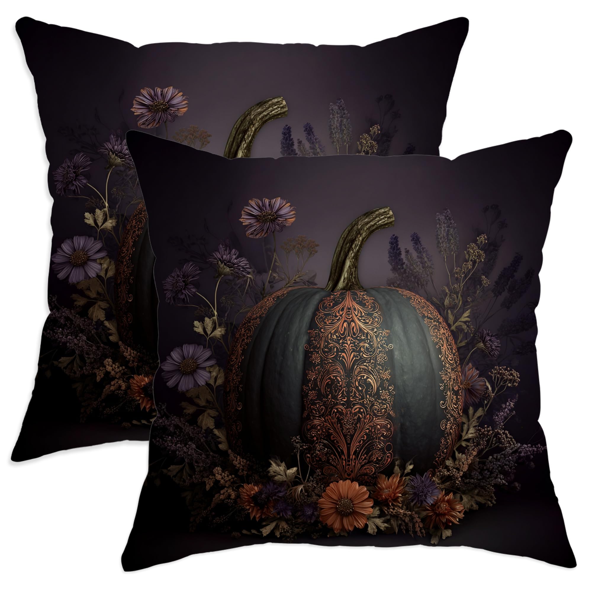Pumpkin Floral Throw Pillow Covers Set of 2, Dark Green Autumn Decorative Cushion Cases, Halloween Farmhouse Decor for Sofa Bed Couch 20x20 Inch