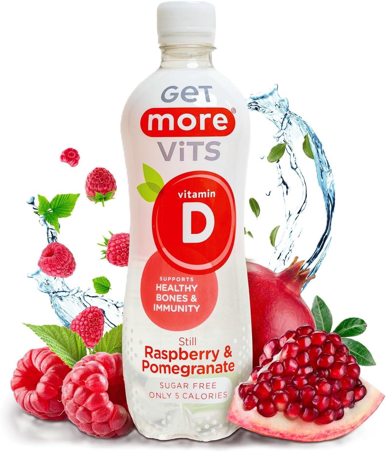 Get More Vits – Vitamin D Still Raspberry & Pomegranate Spring Water (12 x 500ml), Support Healthy Bones, Teeth & Muscles, Boost Immune System, Sugar Free, Low Calorie, Natural Flavours, Vegetarian