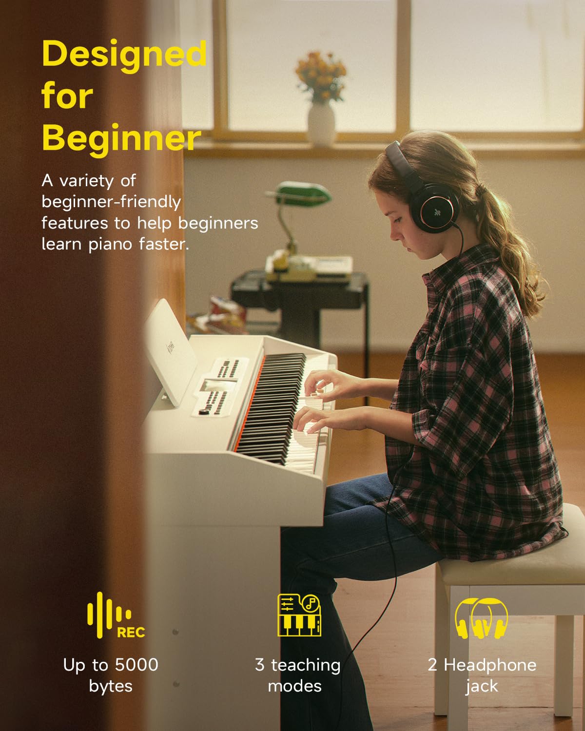 Donner 88 Teclado Piano Ponderado para Principiantes, Piano Digital para el Hogar con Pantalla LCD, Conexión Inalámbrica, 600+ Tonos/Ritmos,Teclado de Piano de Tamaño Completo, DDP-95 Blanco