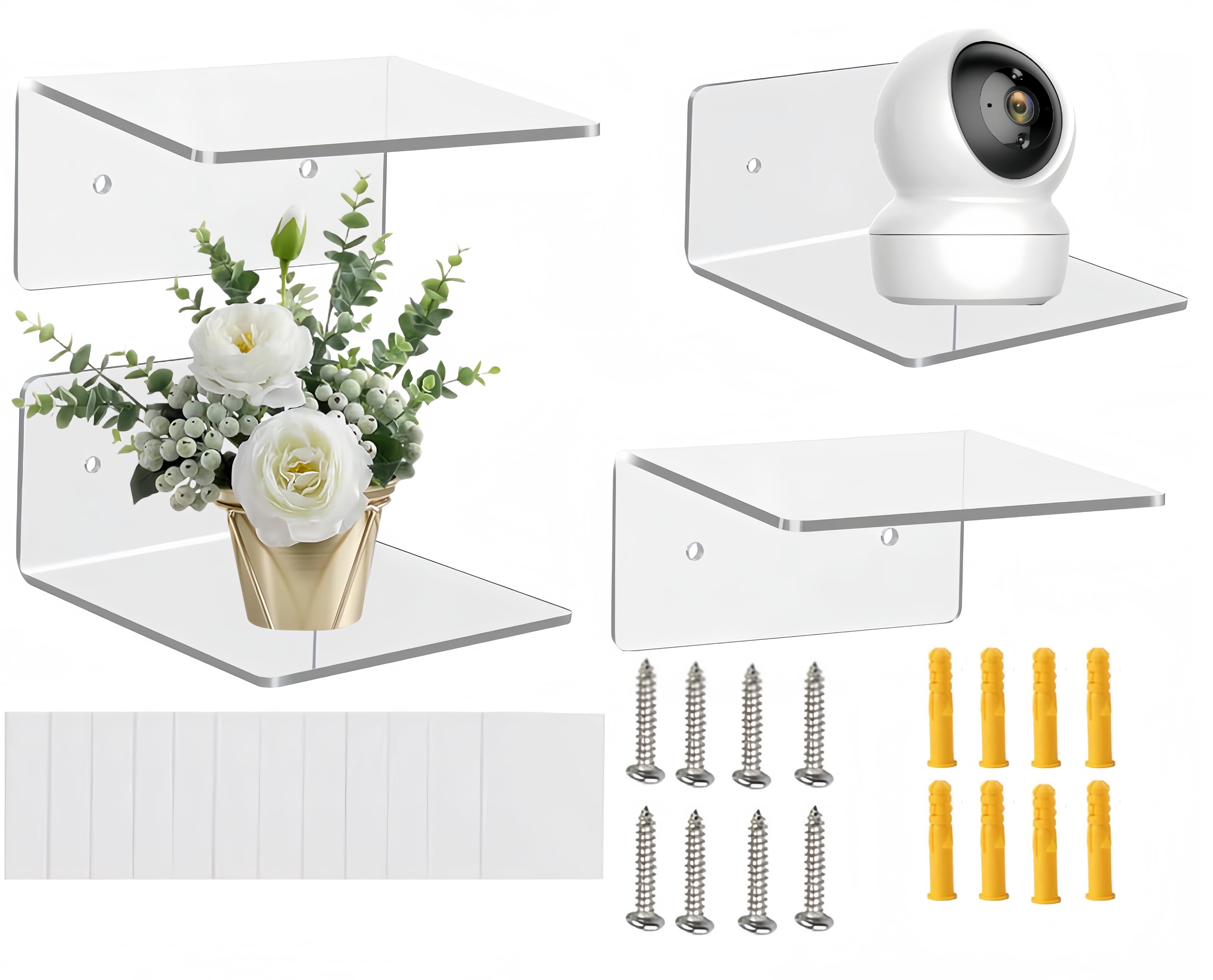 HOGOOD Acrylic Floating Wall Shelves Set of 4 for Security Cameras, Baby Monitors, Speakers -4'' Universal Small Wall Adhesive Shelf Easy to Install No Drill with Small Strong Tapes