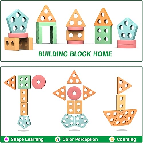 Miniatura 4 de OSLINE Montessori Juguetes de madera para niños de 1, 2, 3 años, 20 juguetes de clasificación y apilamiento de formas de madera, rompecabezas