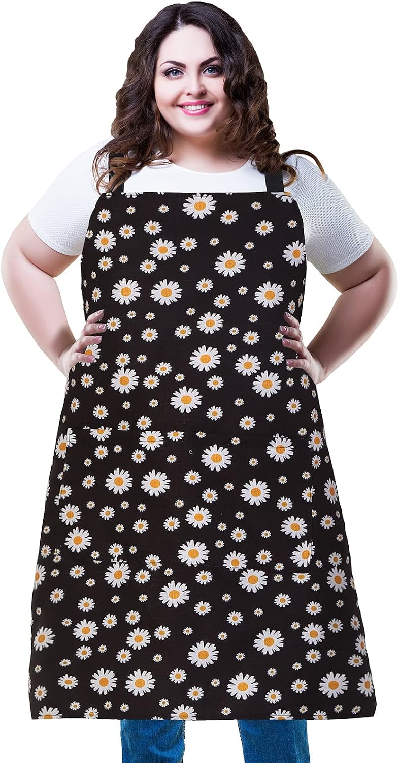 Plus Size Adjustable Bib Apron Water Resistant Canvas Extra Wide Long Ties Aprons with 2 Pockets Kitchen Cooking Gardening
