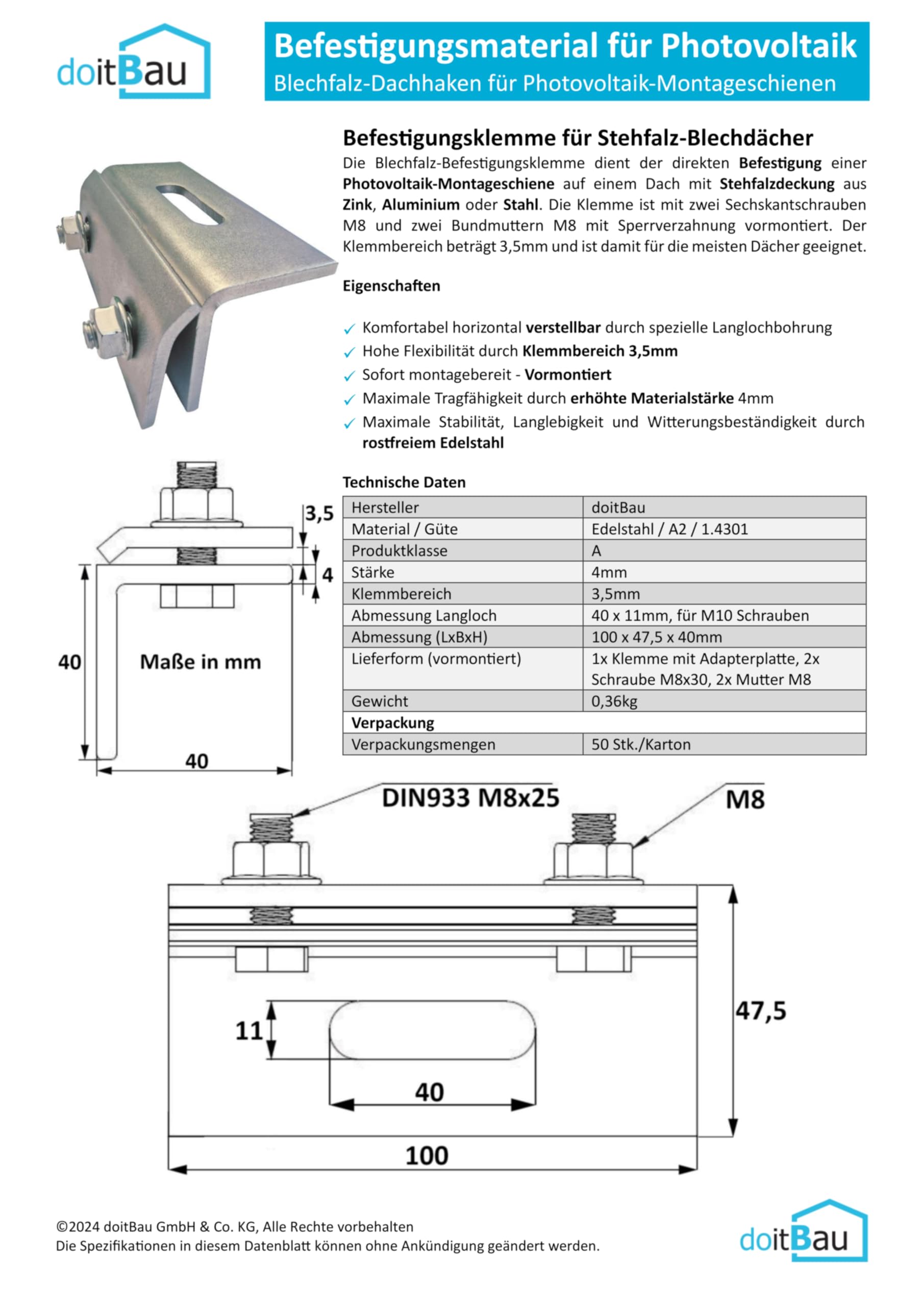 doitBau Kit de montaje para 5 paneles solares, soporte de pliegue de pie, fijación PV, 20 abrazaderas, 20 tornillos hexagonales, canal de perfil de 17,5 mm, cabeza de 17 mm, acero inoxidable A2