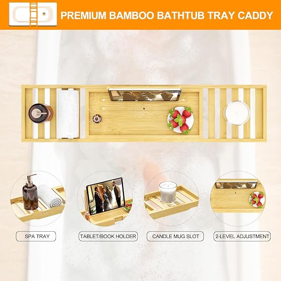 Premium Bath Tray Caddy, Expandable Bamboo Wooden Bath Trays for Across The Bath