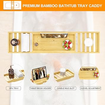 Premium Bath Tray Caddy, Expandable Bamboo Wooden Bath Trays for Across The Bath