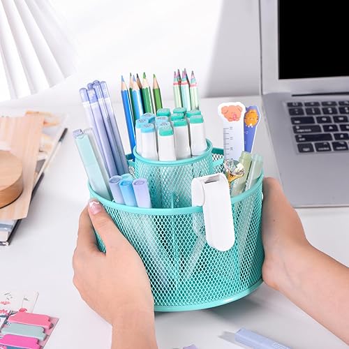 Miniatura 3 de POPRUN Organizador de escritorio verde azulado, organización de suministros de escritorio y accesorios de arte, organizador de bolígrafos