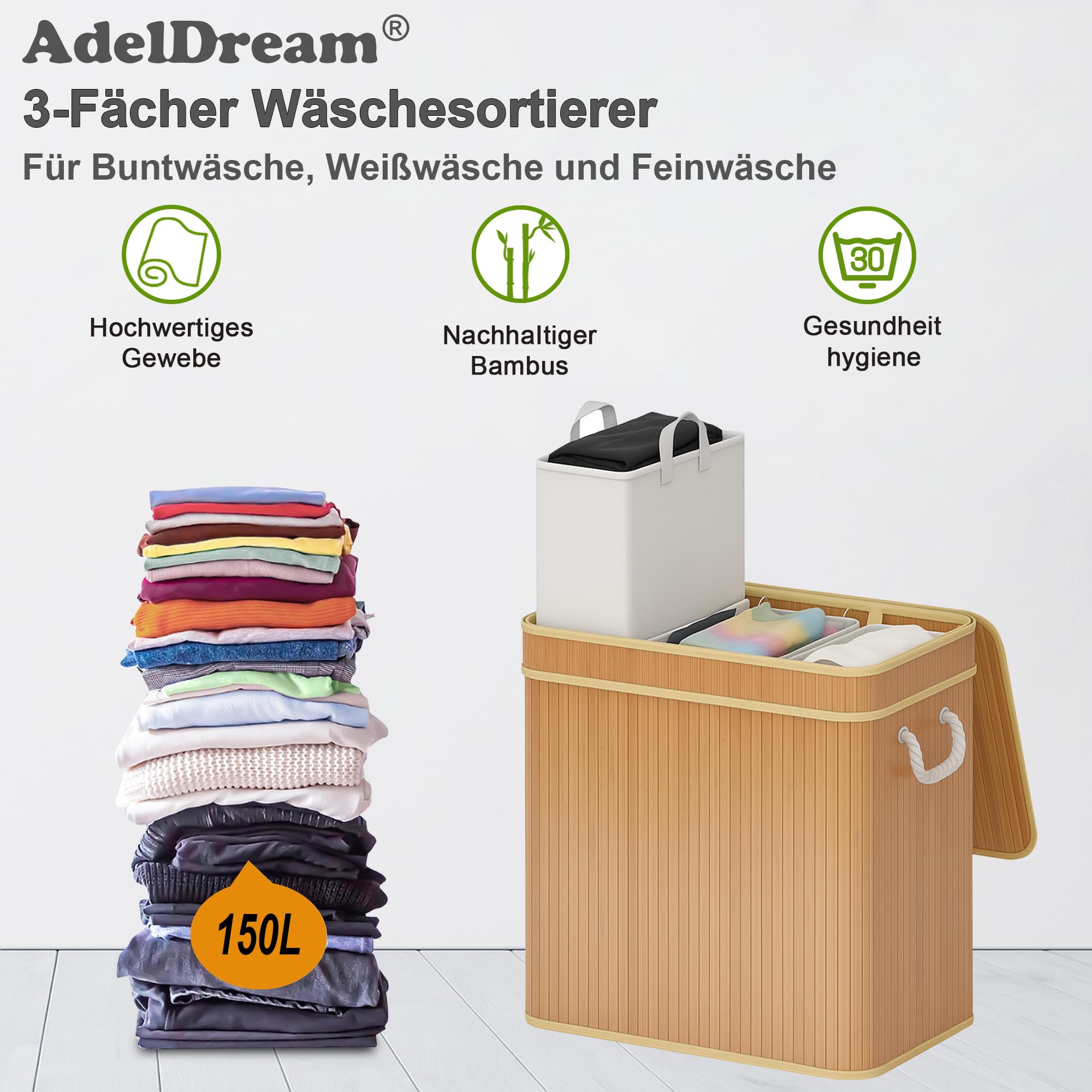 AdelDream Wäschekorb 150L, 3 Fächer Wäschesammler mit Deckel, Bambusoptik | Wäschesortierer 3 x 50L, 3 einzeln herausnehmbare Säcke, faltbar, Naturfarbe
