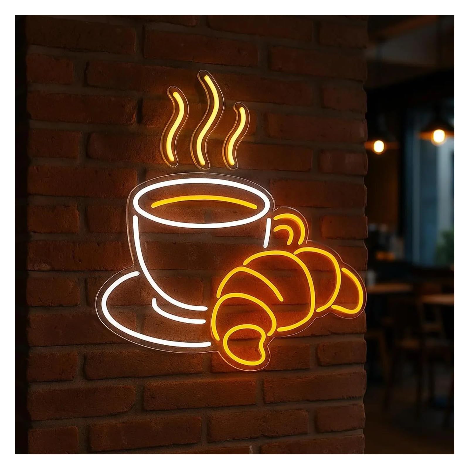 XENITE Hanging Art Neon Signs Croissant with Coffee Neon Sign Dimmable for Bakeries Cafes and Kitchen Wall Decor 50cm