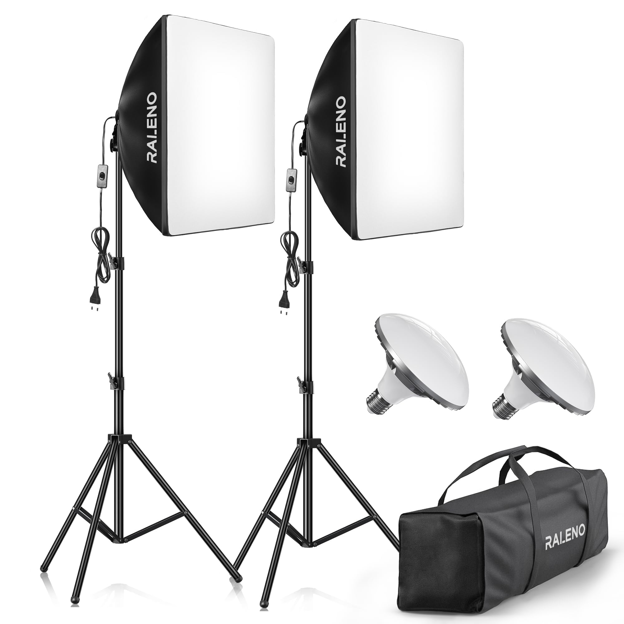 RALENO Softboxen, 2 x 50 W LED Softbox Fotostudio Set, 2 x 50 x 50 cm Fotolicht mit 5500 K Glühbirne und Stativ für Porträtfotografie, Game-Streaming, YouTube-Videofotografie Schwarz