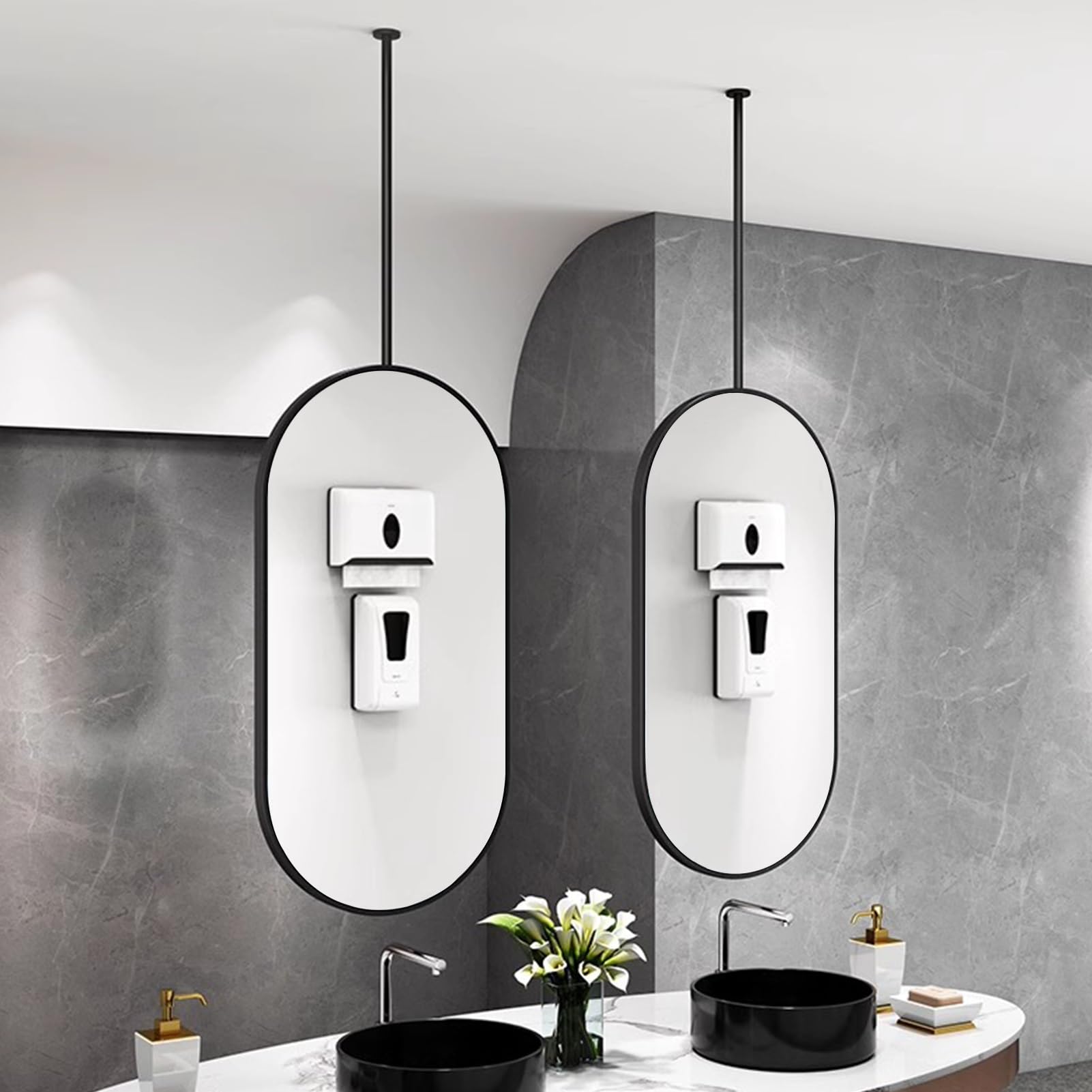 BKSXSOP Ceiling Mounted Mirror Hanging Rod Oval Bathroom with Black Metal Frame and Boom - HD Mirrors, Suspended Can Be Customized (Size : 40cmx60cm)