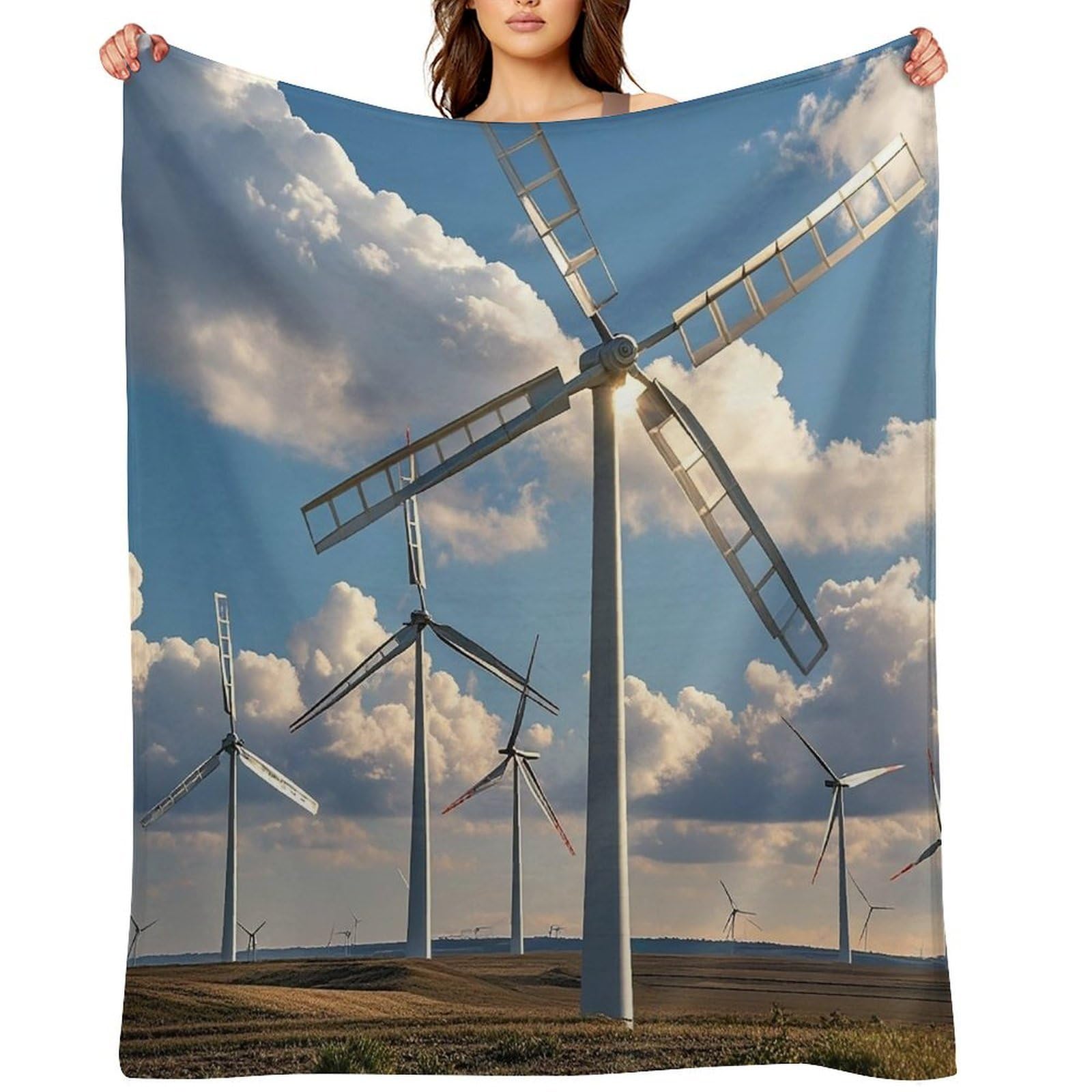 Flannel Windmills Throw Blanket for Couch Super Soft Fuzzy Cozy Flannel Blankets No Shed No Pilling FAnti-Static Winter Bed Blanket Decorative and Giftable Blankets