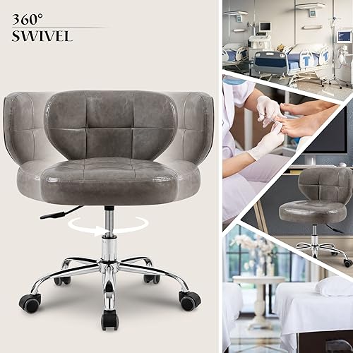 Miniatura 7 de Paddie Taburete de pedicura para tecnología de uñas, taburete hidráulico de spa, soporte de espalda, silla giratoria ajustable de altura corta,