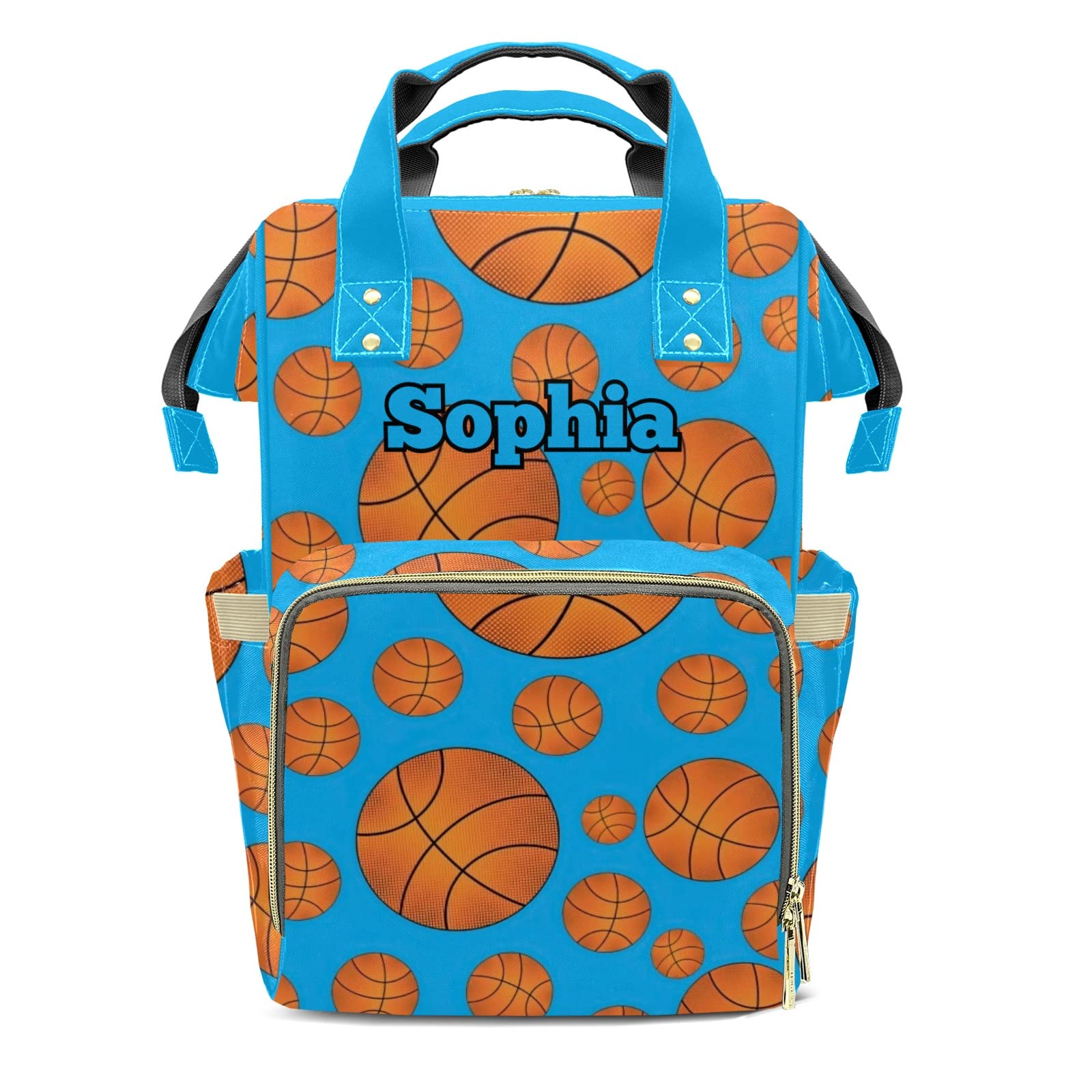 Sky Blue Basketballs Diaper Backpack with Name Custom Backpack Mommy Nappy Baby Bag Waterproof Casual Travel Daypack Tote Bag for Mom Dad