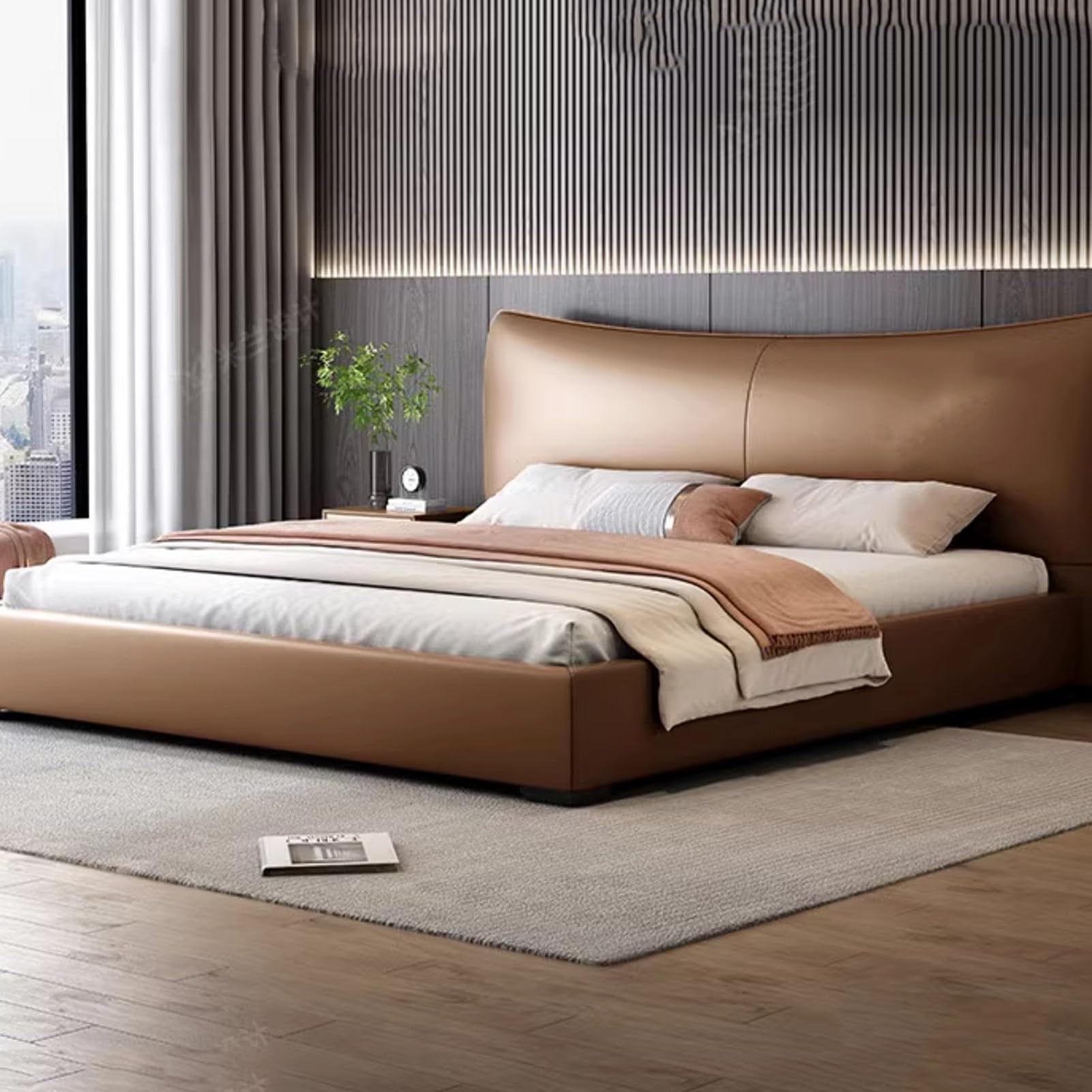 Modern King Size Genuine Leather Bed Upholstered Platform Bed Frame with Wingback Headboard and Drawers Wooden Slats Support