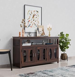 WOODY Furniture Kitchen Crockery Cabinet Wooden | Solid Wood Sideboard Cabinet for Living Room | Solid Wood Storage Cabinet for Dining & Living Room | Sheesham Wood Console Table (Walnut Finish)
