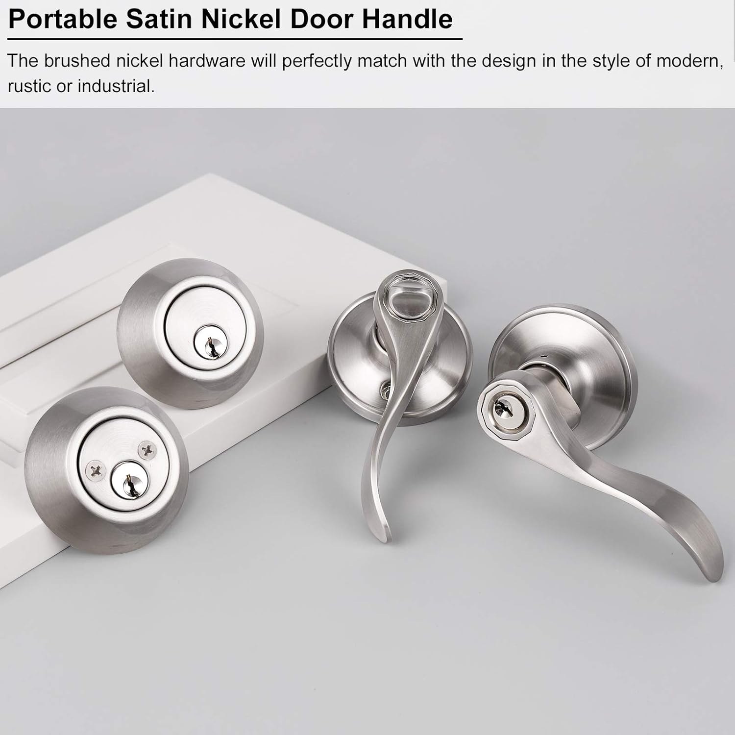 Super Big Clearance! 5 Pack Keyed Alike Combo Pack of Entry Door Handles Knob with Double Cylinder Deadbolt, Durable Satin Nickel Finish Door Lockset, Door Handles