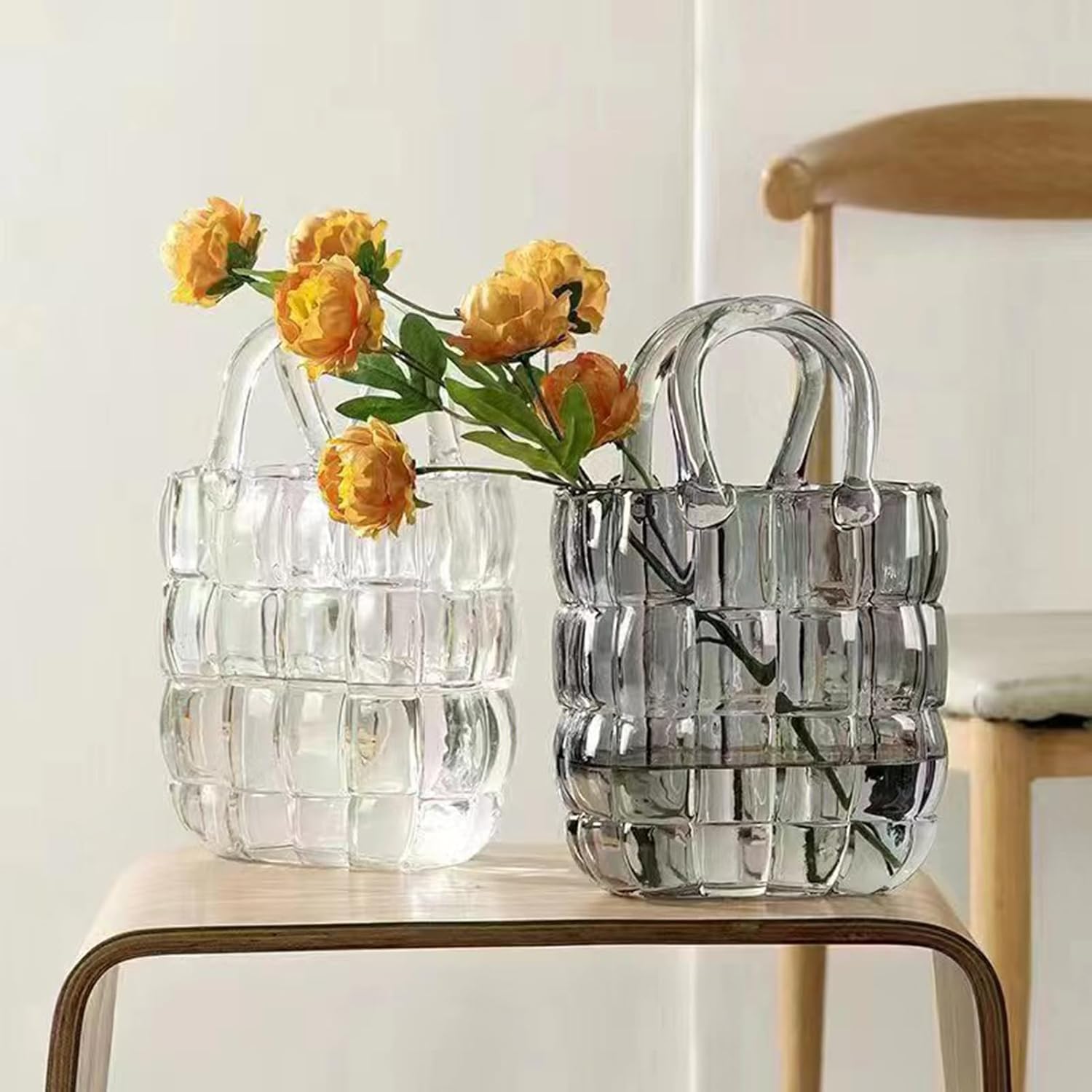 MSUIINT Purse vase for Flowers Glass Bag vase Handbag Unique Glass Bag Vase Flower vase Decorative Wide Mouth Purse Vases with Elegant Design Flower vase for Home Decor Floral Arrangement(Amber)