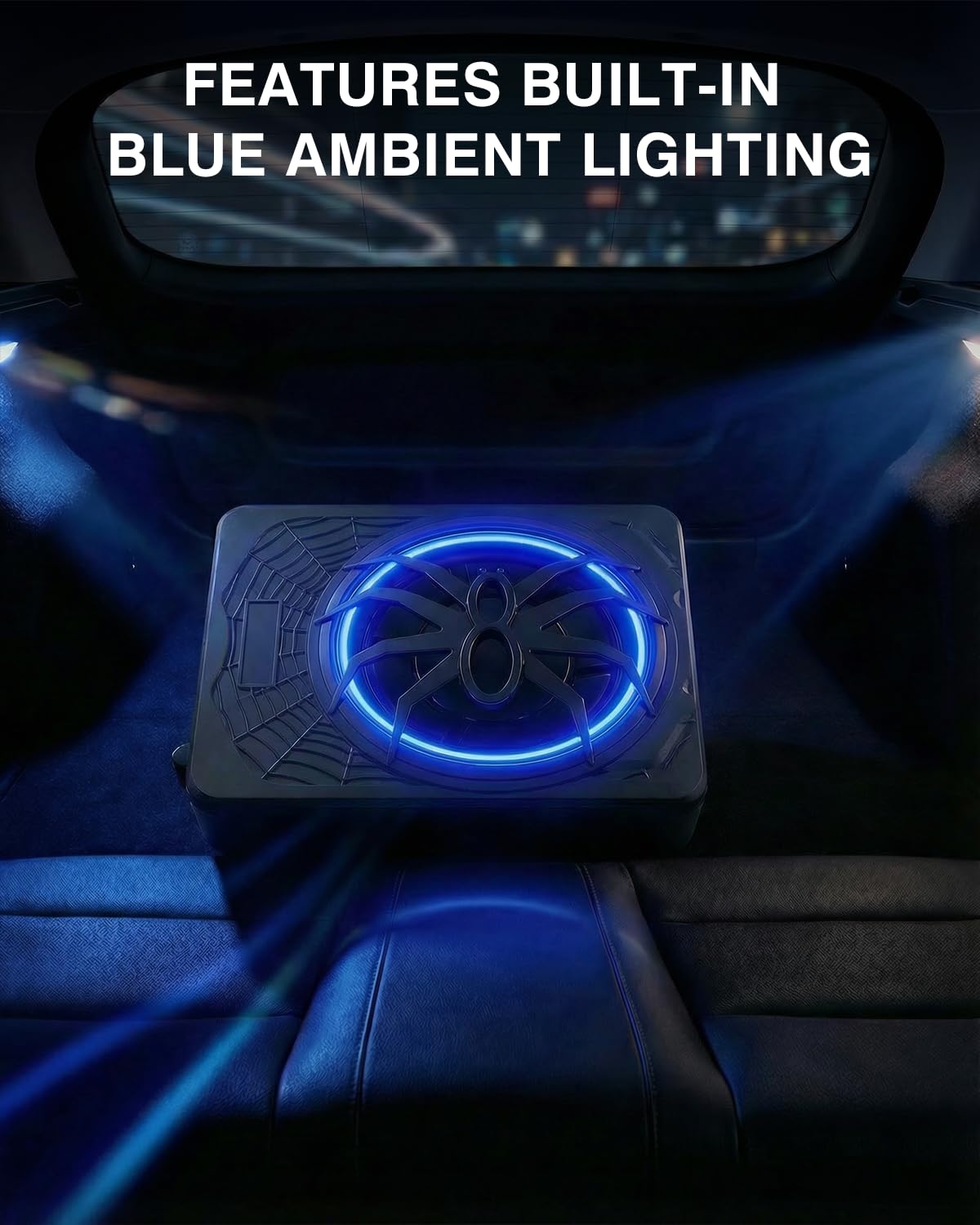Subwoofer attivo per veicoli, progettato per essere posizionato sotto il sedile, 1200 W di potenza massima, driver da 10 pollici, con illuminazione ambientale blu, con amplificatore integrato