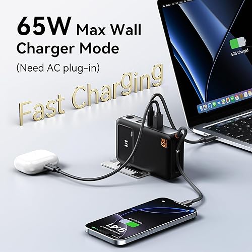 Vista 6 de Cargador de teléfono portátil de 10000 mAh, banco de energía para iPhone con cable integrado, PD35W USB C batería con enchufe de pared GaN de 65 W