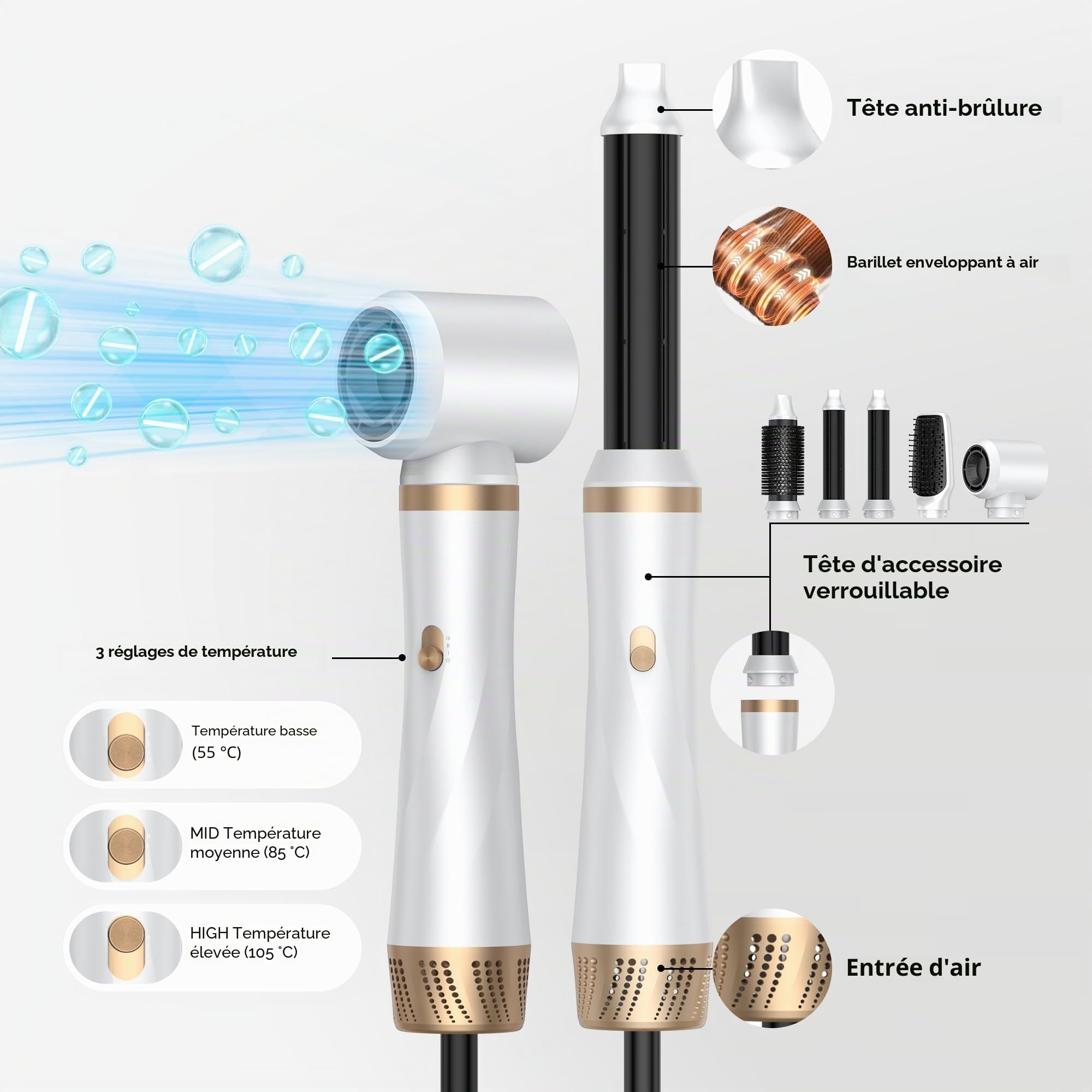 5 en 1 Brosse Soufflante Airstyler Air Styler set Hair Styler Airbrush Fer a Boucler Brosse Soufflante Brosse Lissante Pour Cheveux, Kit de coiffure Pour Sécher