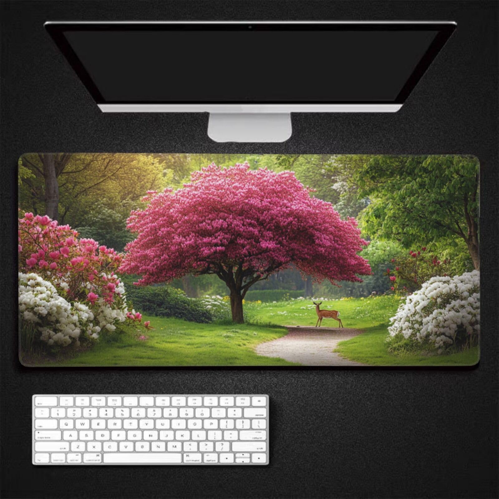 Tappetino Mouse XXL Albero Rosa & Cervo, 120 x 60 cm Decorazione G363 | Tappetino per Mouse, Base in Gomma Antiscivolo, Superficie Impermeabile, Bordi Cuciti, Tappetino Scrivania per Ufficio, Gioco
