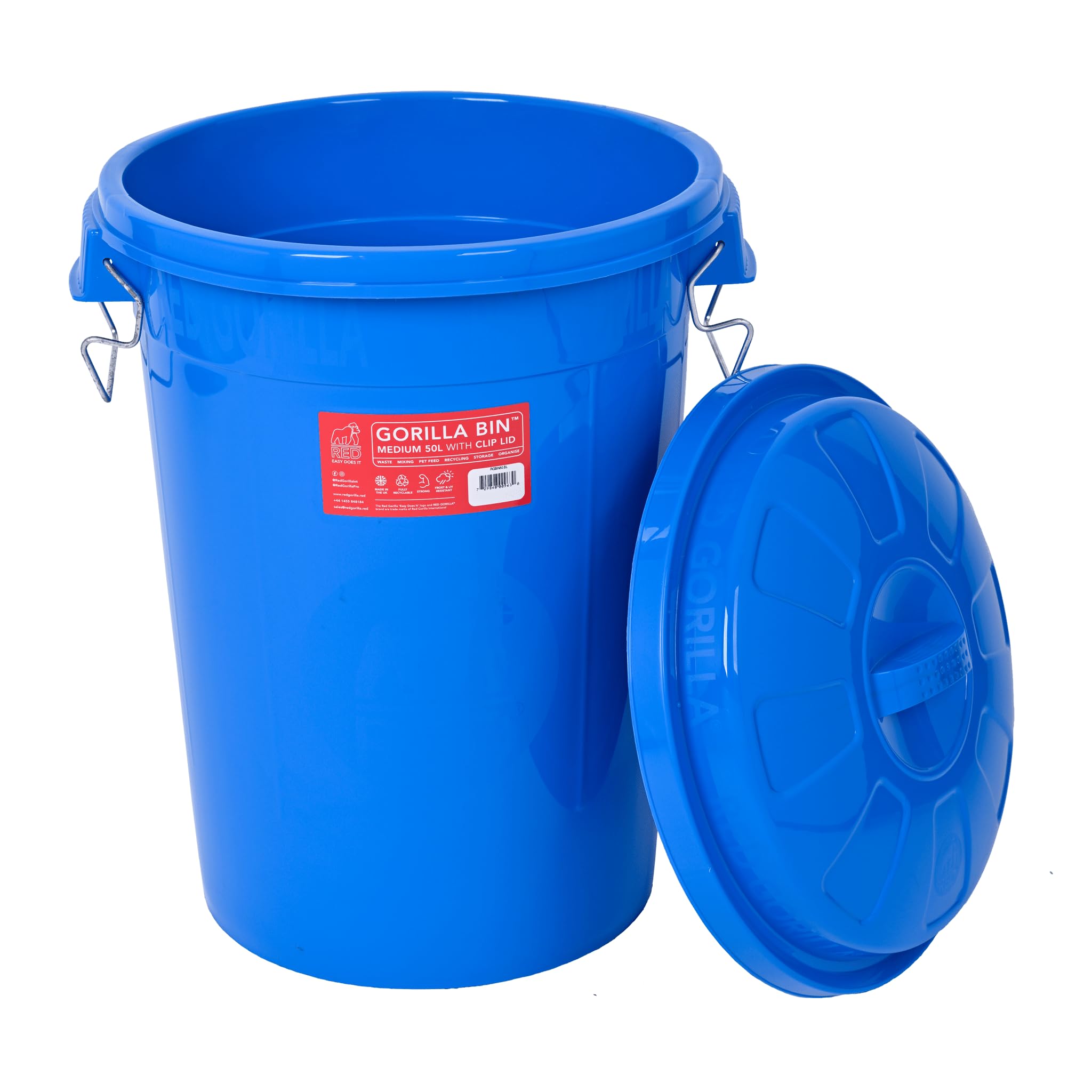 Red Gorilla Bin 50 Litre with Clip Lid Blue Stackable Storage Plastic Lightweight Weather Resistant Frost Proof for Indoor Outdoor Waterproof Waste Bin for Garden Garage Kitchen Home Recycling