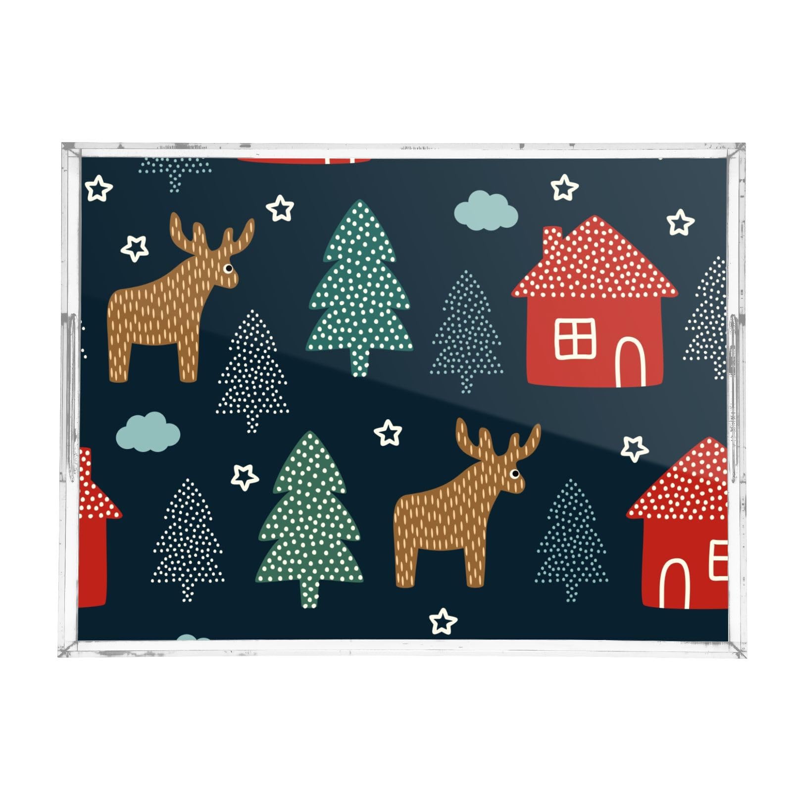 Bandejas acrílicas transparentes para servir con asas, bandeja de desayuno de 12 x 16 pulgadas, diseño personalizado transparente para vacaciones de invierno, bandeja de servir impermeable azul