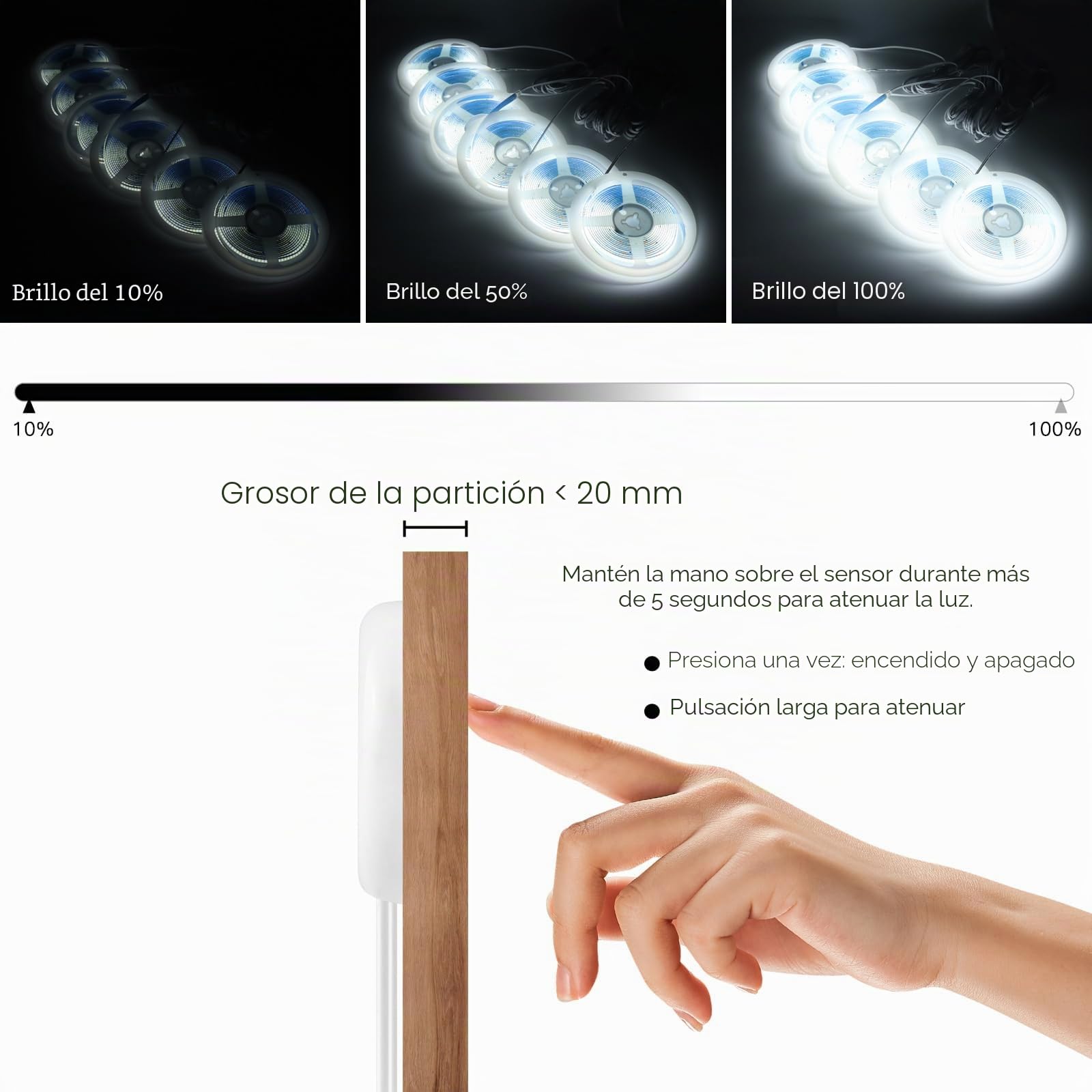 LRGBST 5V USB Blanco COB tira led, 6 piezas 2M COB tiras led conjunto con medidor táctil de madera penetrante para la iluminación de la vitrina del gabinete