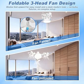 E27 Ceiling Fan with Light and Remote, 50W LED Ceiling Fan Light 3000 to 6500K 3 Colour 3 Speed Dimmable, 3 Head Foldable Ceiling Light with Fan for Bedroom Living Room Kitchen Garage, Base Included [Energy Class A+]