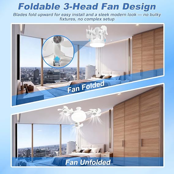 E27 Ceiling Fan with Light and Remote, 50W LED Ceiling Fan Light 3000 to 6500K 3 Colour 3 Speed Dimmable, 3 Head Foldable Ceiling Light with Fan for Bedroom Living Room Kitchen Garage, Base Included [Energy Class A+]