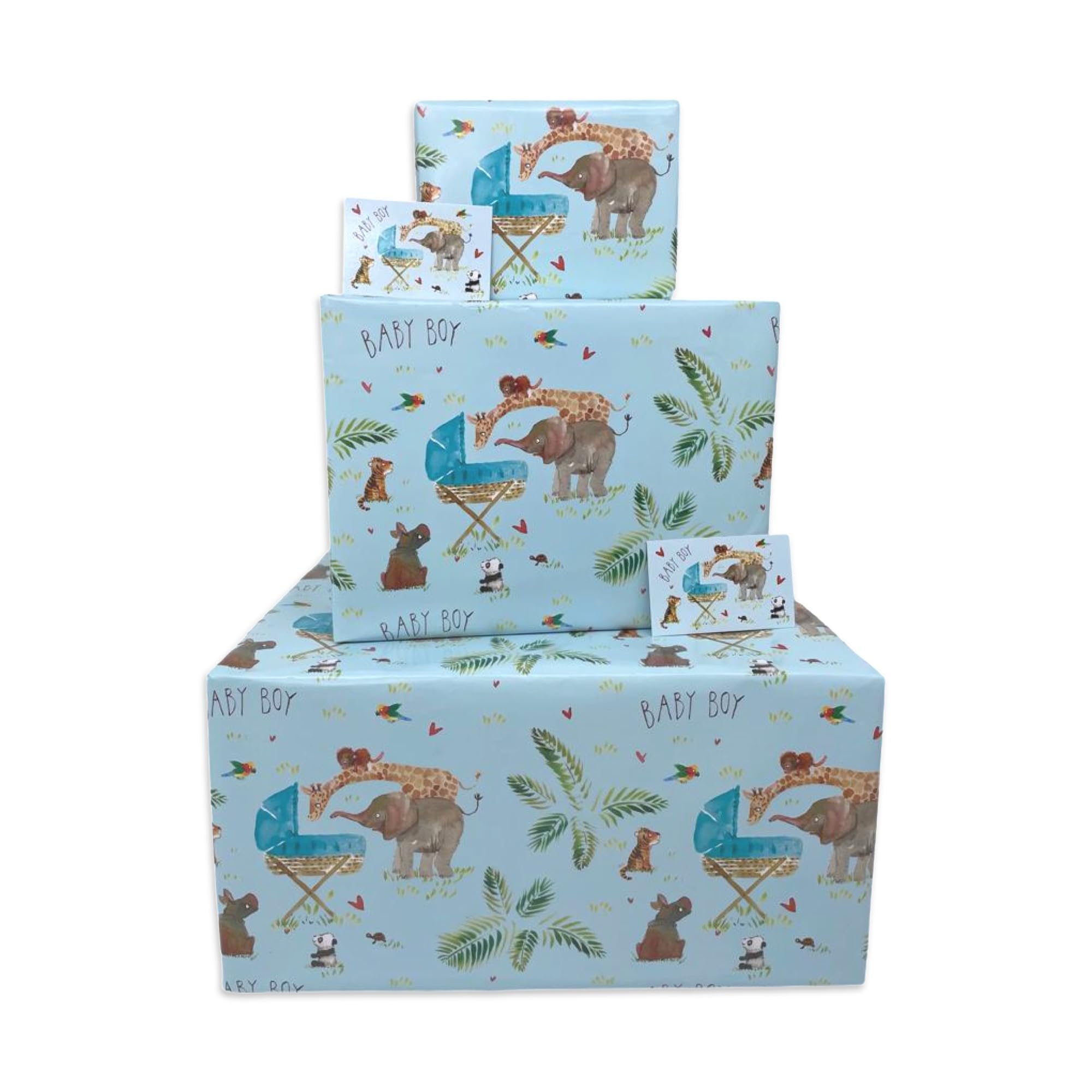 Twizler New Baby Boy Wrapping Paper - Blue Jungle Animals - 6 Sheets & 6 Tags & Matching Card - 70cm x 50cm Folded Sheets - Gift Wrap Baby Shower
