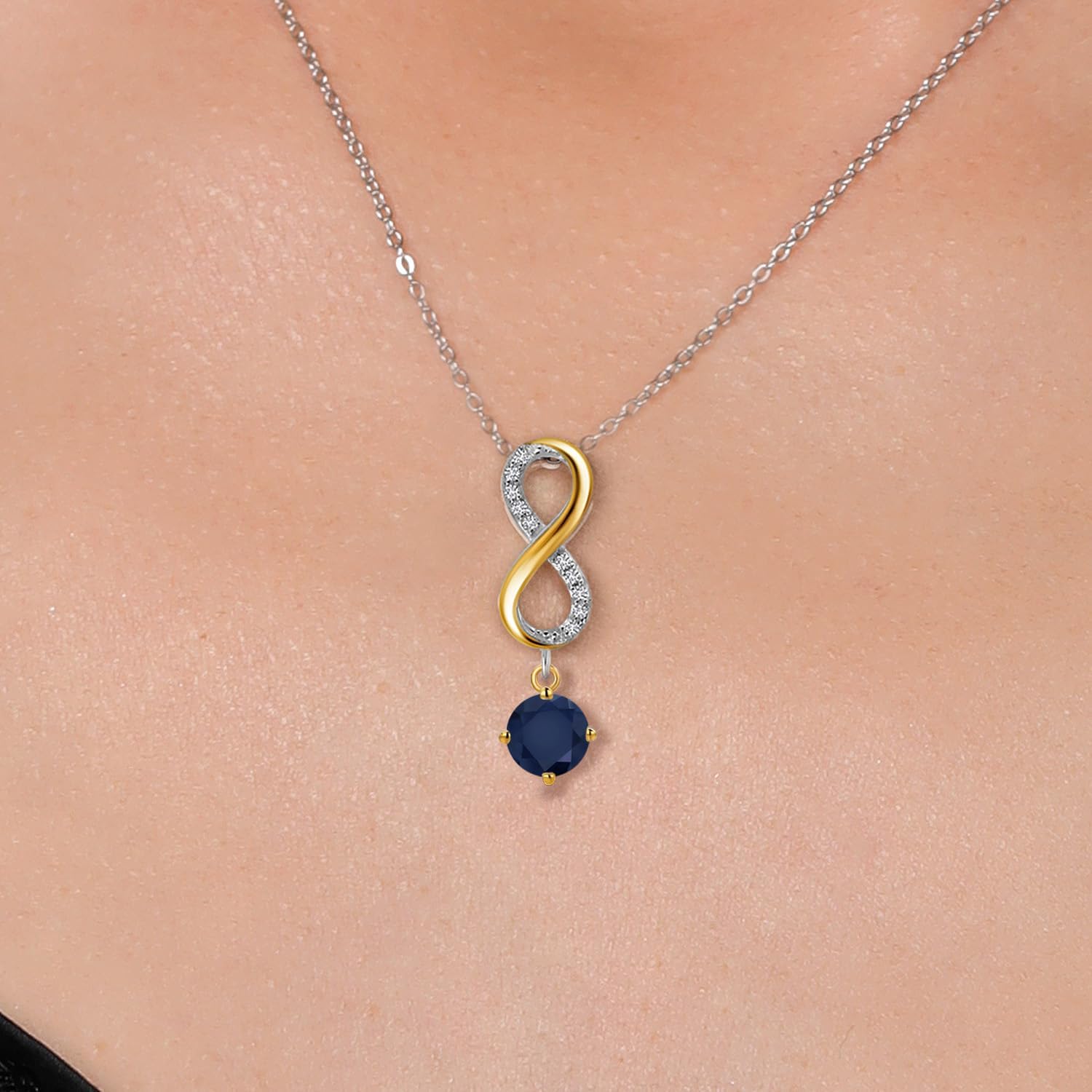Gem Stone King 925 Silver and 10K Yellow Gold Blue Sapphire and Lab Grown Diamond Pendant Necklace for Women | 1.28 Cttw | Gemstone September Birthstone | Round 5MM | With 18 Inch Chain - Image 3
