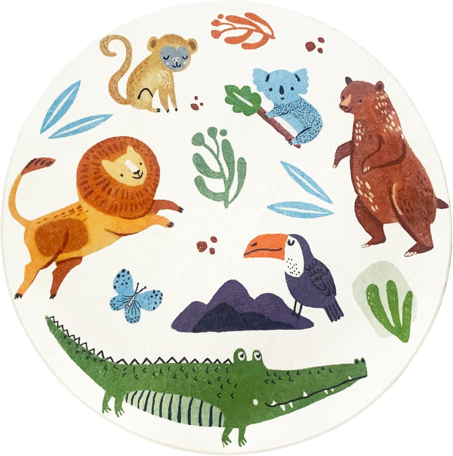Kids Play Mat 6Ft Large Round Jungle Rug Circle Animal Playroom Area Rug Carpet Zoo Bedroom Throw Rug for Boys Girls Nursery Decor Soft Crawling Floor Mat for Kids Room