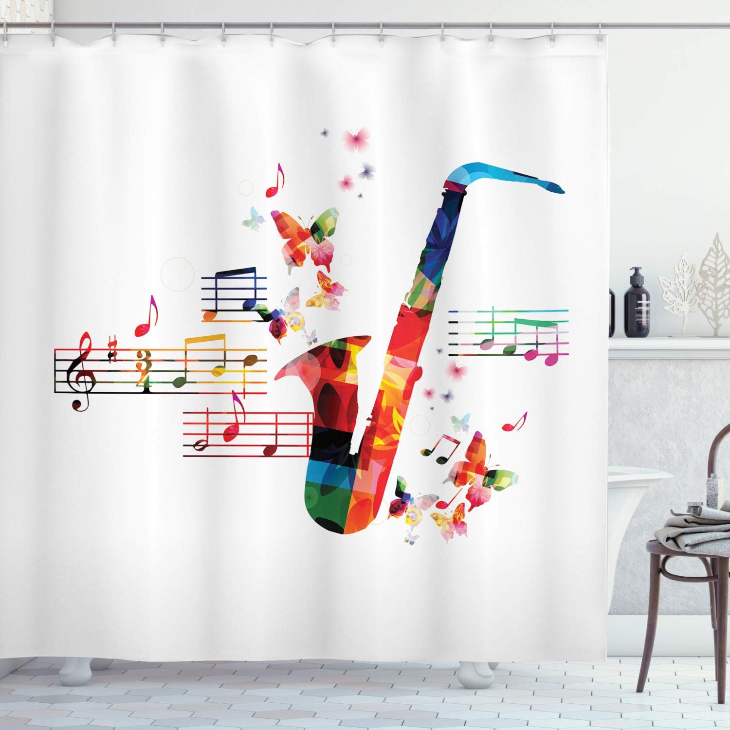 Ambesonne Music Shower Curtain, Colorful Saxophone Design with Butterflies and Sheet Music Creative Illustration, Cloth Fabric Bathroom Decor Set with Hooks, 69" W x 75" L, Multicolor