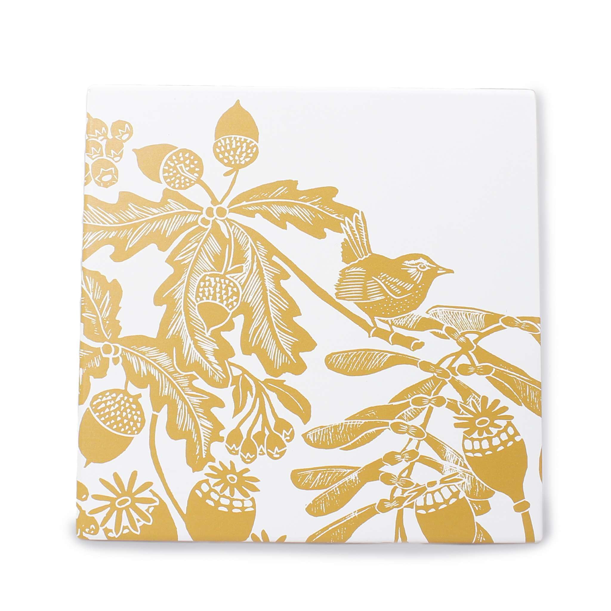 Half Moon Bay Holkham Walk Yellow Holkham Walk - Oak Leaves Acorns Chickadee Birds - By Kate Heiss - Ochre Yellow/White 8 Inch Ceramic Stoneware Heat Resistant Trivet Hot Pad