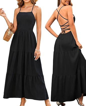 GLNEGE Womens Summer Boho Long Dresses Spaghetti Backless Lace Up Beach Dress Vacation Flowy Sundresses 2025