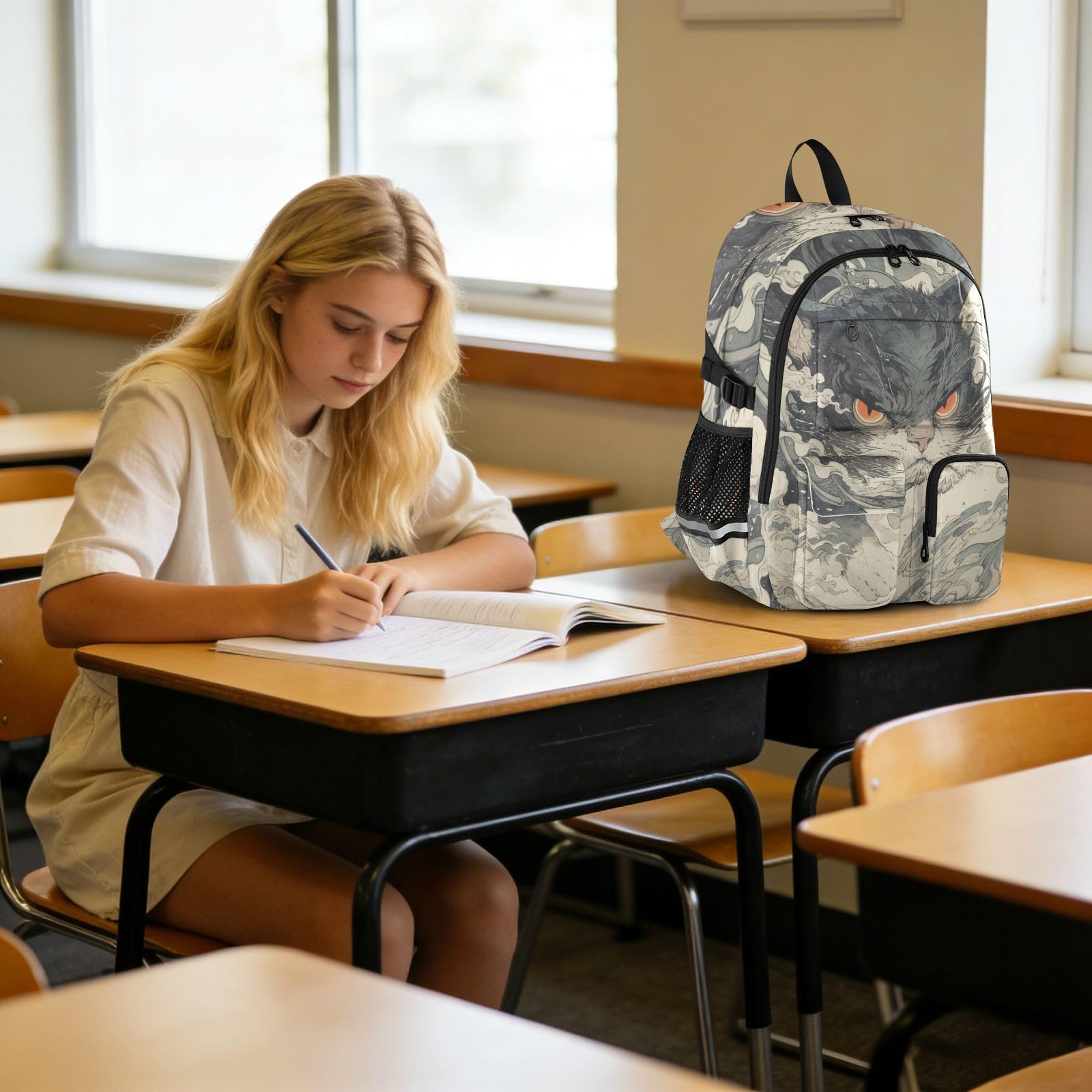 Sac à dos de voyage pour ordinateur portable de 17 à 5 pouces - Motif chat - Gris - Pour adolescents et garçons