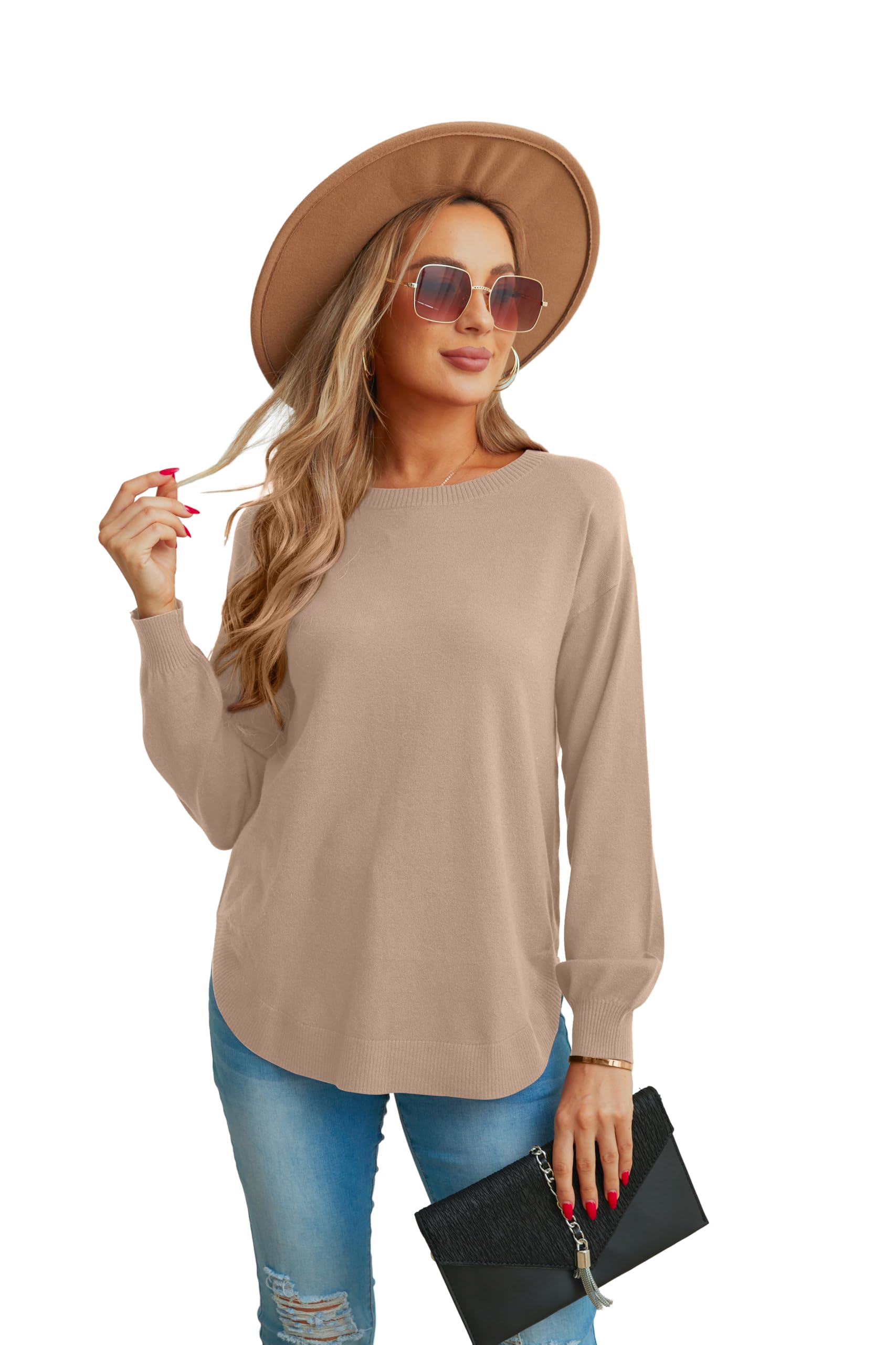 GRECERELLE Suéter de manga larga para mujer, ligero, cuello redondo, suéter casual de punto suave para mujer