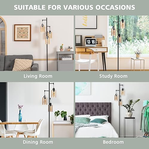 Miniatura 9 de Tangkula Lámpara de pie retro con pantalla de cristal ámbar colgante de 3 cabezales, interruptor de pie, base de metal, industrial para sala de