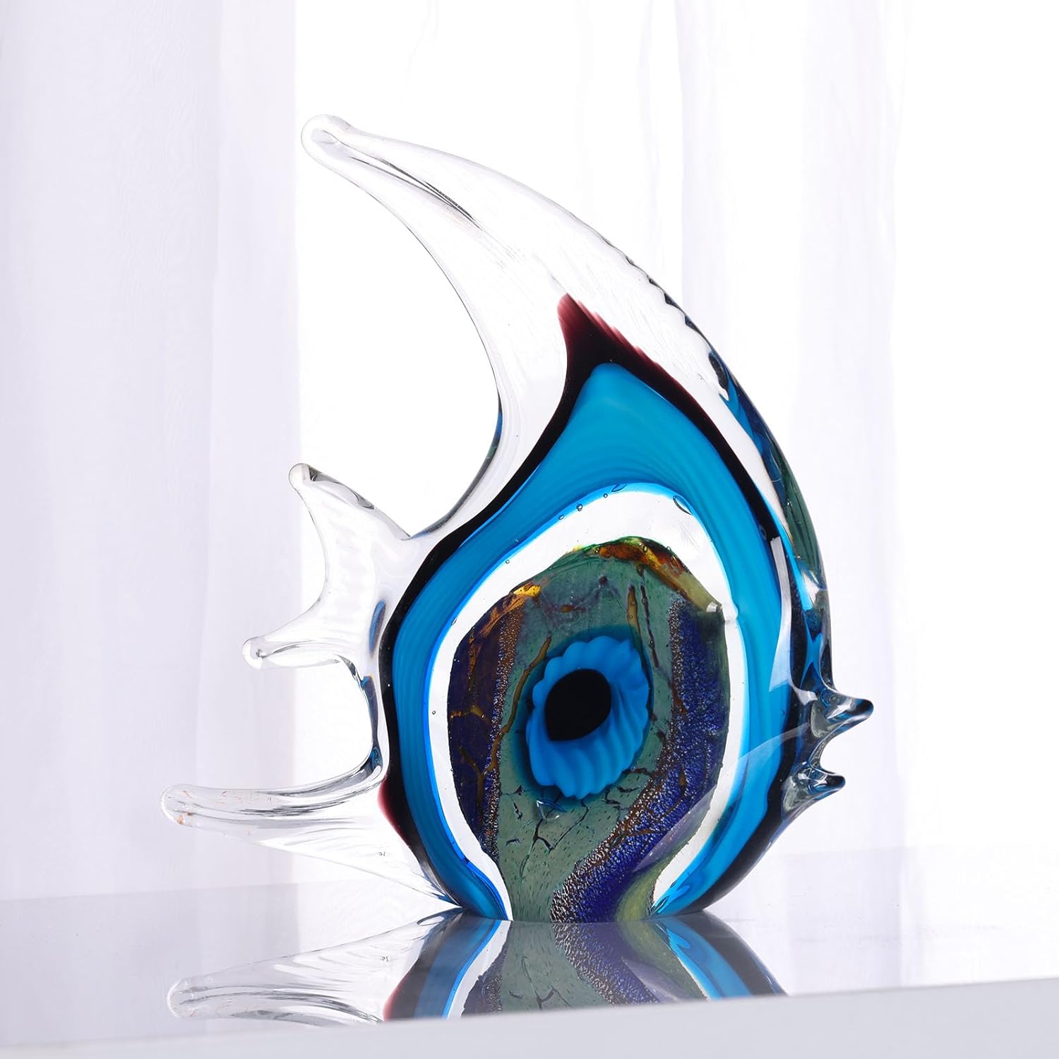 XMGZQ Hand Blown Blue Glass Fish Figurines,Sea Glass Art Figurines Ornament,Tropical Fish Paperweights,Coastal Beach Room Decor,Colorful Aesthetics Home Decor for Bookshelf,Office,Living Room TV Stand