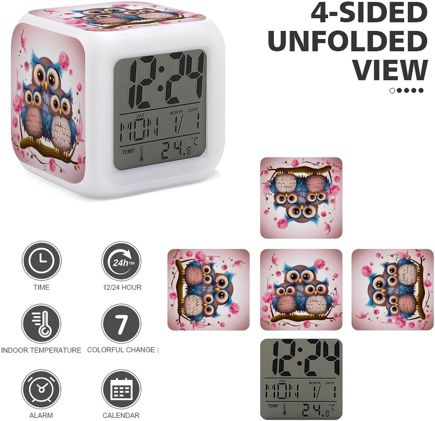 Digital Alarm Clock Square Desk Clocks, Cute Owls image 3
