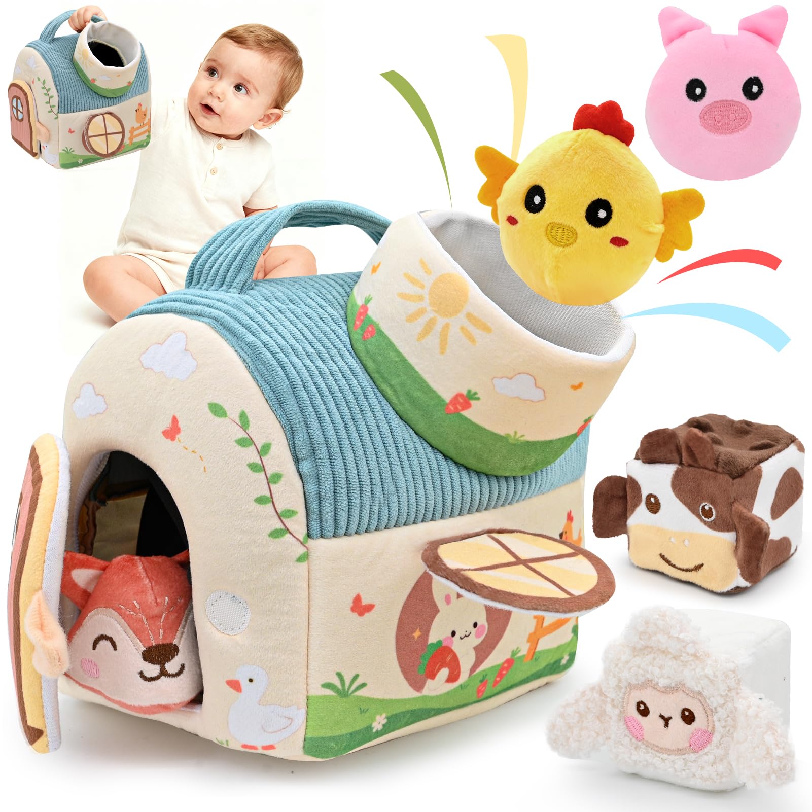 FLEXTRIX Baby Toys 6-12 Months, Farm Animals with Barn, Rattle, Crinkle Paper, Mirror
