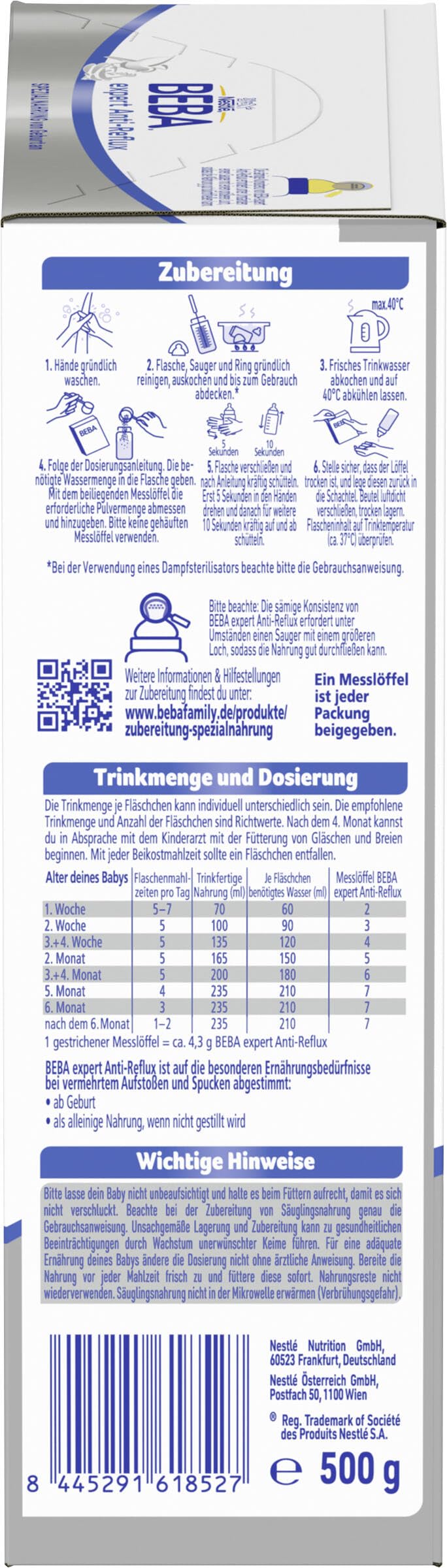 BEBA expert Anti-Reflux - AR Spezialnahrung von Geburt an, bei vermehrtem Aufstoßen und Spucken, Babynahrung, Baby-Milchpulver, 4er Pack (1 x 500g)
