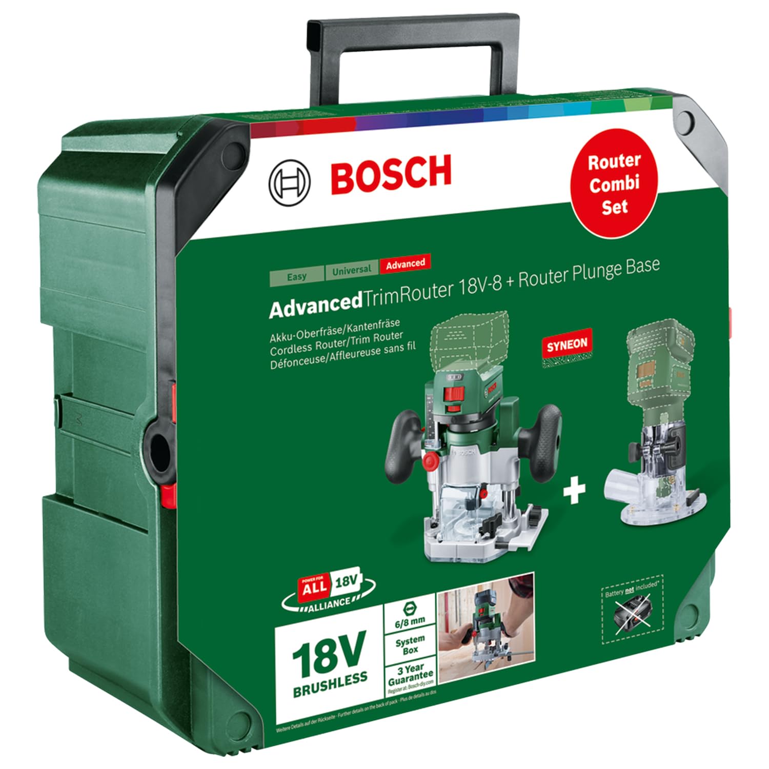 Bosch 2in1 Akku-Kanten-/Oberfräse AdvancedTrimRouter 18V-8 (zum Fräsen von Kanten, Nuten und kreativen Motiven; inkl. 2 Fräskörben + Zubehör, 18 Volt System; Bürstenloser Motor; in SystemBox M)