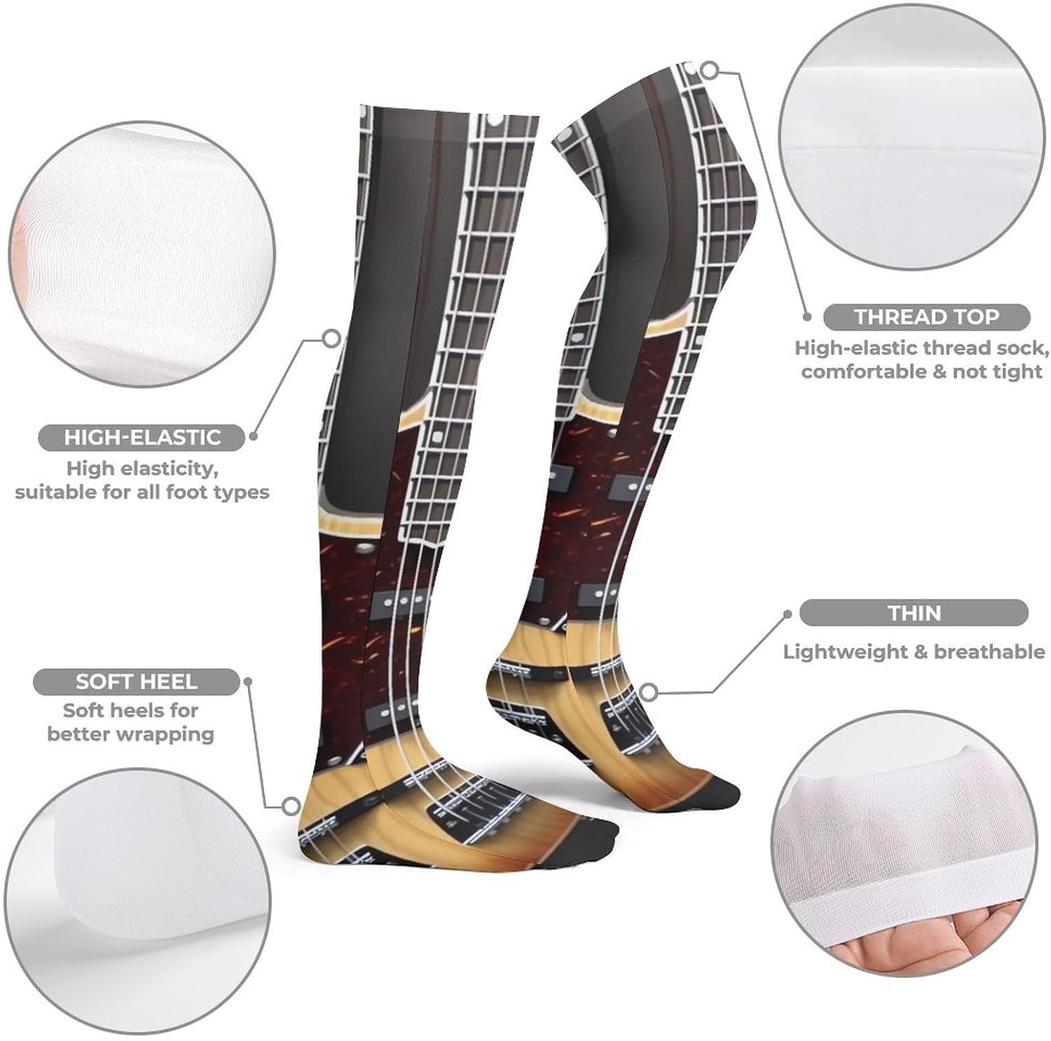 Guitar Musical Instrument Knee High Stockings for Women 23.6" Breathable Thigh High Stockings Over The Knee Socks
