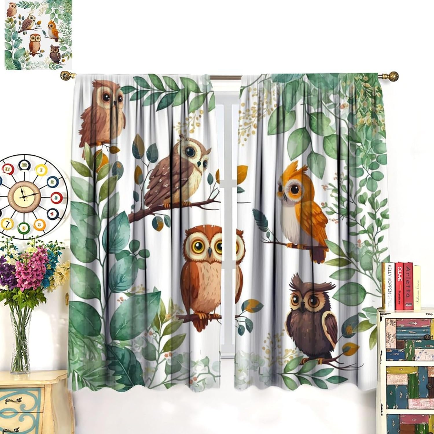 Watercolor Cute Owl Curtains for Living Room, Vintage Rustic Spring Garden Theme Eucalyptus Leaves Rod Pocket Thermal Insulated,Window Drapes 2 Panels 45" L x 21" W