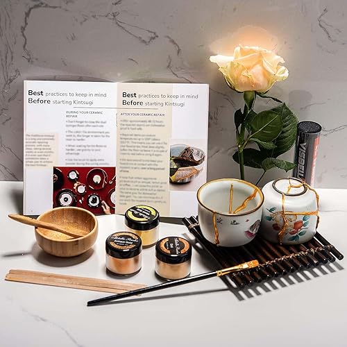 Miniatura 9 de Plearty Kintsugi - Kit de reparación de oro seguro para alimentos, 1.7 fl oz, resina epoxi de 2.12 oz, polvo de mica dorado metálico, 15 páginas